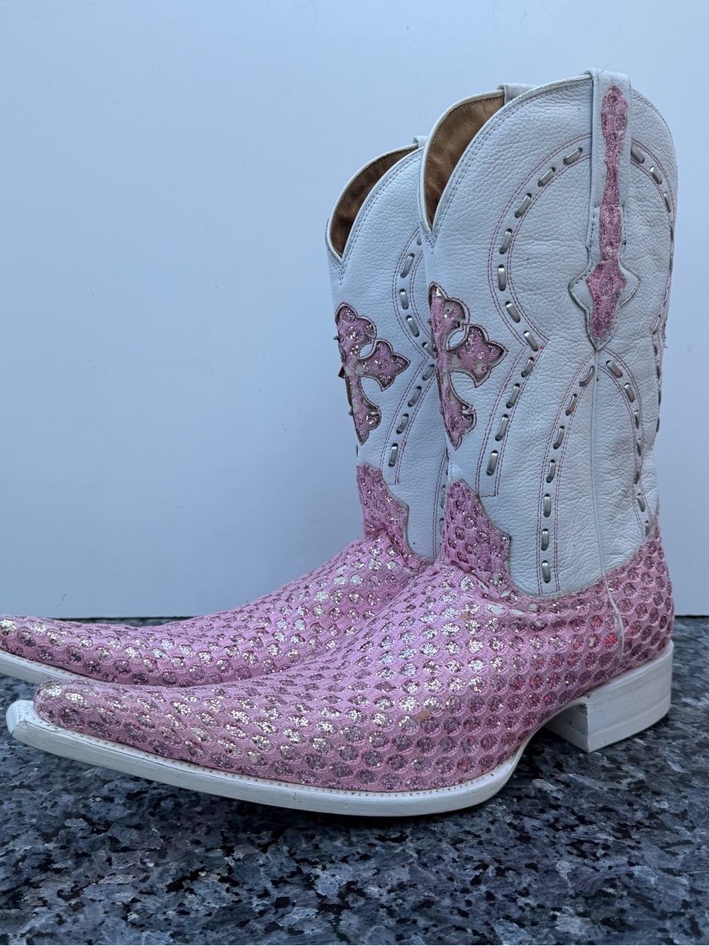 El General White Pink Glitter Cross Long Pointed Toe Cowboy Boots Men’s US 9